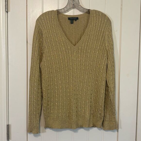 Lauren Ralph Lauren V Neck Cable Knit Silk Blend Metallic Gold Sweater - Picture 2 of 5